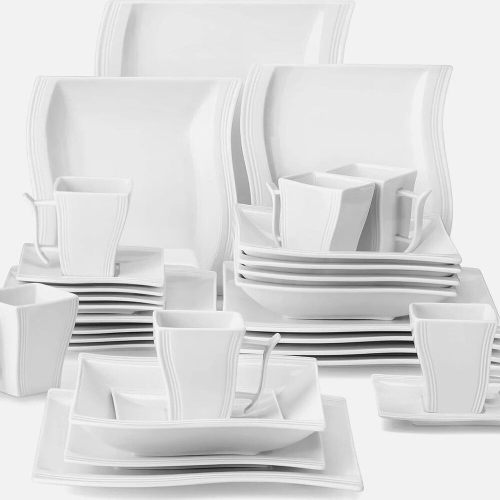 MALACASA 30-Piece Service for 6 Dinnerware Sets Square Porcelain Dinner Plates